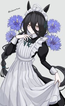 1girl ahoge animal_ears apron apron_hold apron_lift black_dress black_hair black_ribbon blue_flower blush braid braided_ponytail closed_mouth clothes_lift collared_dress cornflower dress embarrassed floral_background flower hair_between_eyes hand_up highres horse_ears horse_girl horse_tail juliet_sleeves light_frown long_bangs long_dress long_hair long_hair_between_eyes long_sleeves maid_headdress manhattan_cafe_(umamusume) multicolored_hair neck_ribbon puffy_sleeves ribbon skirt_hold solo subaratowa tail twitter_username umamusume very_long_hair white_apron white_hair wing_collar yellow_eyes