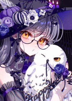 1girl absurdres animal bird black-framed_eyewear black_sleeves blue_flower blue_rose blush bow bow_earrings candle chromatic_aberration closed_mouth commentary_request dark_background detached_sleeves earrings flower grey_hair hair_between_eyes hair_bow hair_ornament happy_halloween hat highres holding holding_animal jewelry long_hair looking_at_viewer multiple_hair_bows original owl pumpkin purple_flower purple_nails purple_rose rose satori_suzuha simple_background solo upper_body watermark witch witch_hat x_hair_ornament yellow_eyes
