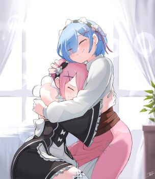 2girls apron black_dress blue_hair blush closed_eyes closed_mouth comforting crying curtains detached_sleeves dress eyes_visible_through_hair frills hair_ornament hair_over_one_eye hair_ribbon highres hug indoors long_sleeves maid maid_headdress miarin141 multiple_girls pink_hair pink_ribbon pink_skirt ram_(re:zero) re:zero_kara_hajimeru_isekai_seikatsu rem_(re:zero) ribbon ribbon_trim roswaal_mansion_maid_uniform short_hair siblings signature sisters skirt smile tears thighhighs twins window x_hair_ornament