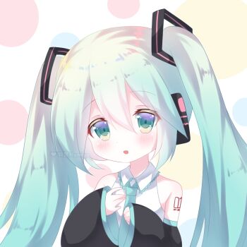 Rule 34 | 1girl, :d, aqua eyes, aqua hair, aqua necktie, arm tattoo, artist name, black sleeves, blush, collared shirt, commentary, detached sleeves, hamiyamiko, hatsune miku, heart, long sleeves, necktie, number tattoo, open mouth, shirt, sleeveless, sleeveless shirt, smile, tattoo, twintails, vocaloid, white shirt