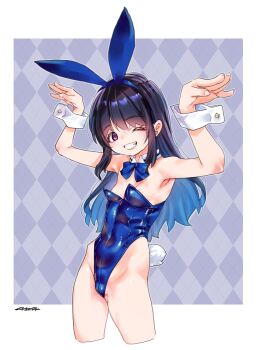 animal_ear_hairband animal_ears arms_up blue_hair blue_leotard fake_animal_ears hairband highres leotard mudou_eichi multicolored_hair original patterned_background playboy_bunny purple_eyes rabbit_ear_hairband rabbit_ears rabbit_tail solo tail