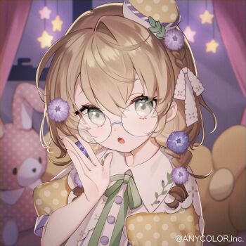 1girl adjusting_eyewear blurry blurry_background braid brown_hair collared_shirt copyright_notice curtains flower glasses green_eyes green_ribbon grey-framed_eyewear hair_flower hair_ornament hair_over_shoulder hair_ribbon half_crown_braid hat kuma_daigorou long_hair looking_at_viewer low_twin_braids mini_hat neck_ribbon night nijisanji official_art open_hand parted_lips polka_dot polka_dot_shirt puffy_short_sleeves puffy_sleeves purple_flower ribbon round_eyewear shirt short_sleeves single_hair_intake solo star_(symbol) stuffed_toy tilted_headwear twin_braids upper_body virtual_youtuber whispering white_ribbon window yaguruma_rine yellow_shirt