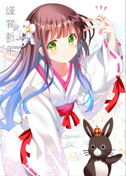 Rule 34 | 1girl, brown hair, commentary request, flower ornament, gochuumon wa usagi desu ka?, green eyes, highres, hime cut, japanese clothes, kohakugin, light blush, long hair, miko, rabbit, ribbon-trimmed sleeves, ribbon trim, smile, ujimatsu chiya, v, wide sleeves