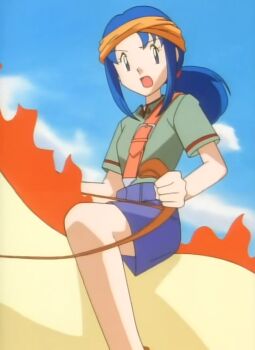 1girl anime_screenshot gen_1_pokemon headband highres lara_laramie nintendo pokemon pokemon_(anime) pokemon_(classic_anime) pokemon_ep033 ponyta ponytail reins resized riding riding_pokemon shorts shoulder_belt third-party_edit upscaled