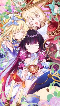 3girls absurdres ahoge alice_(genshin_impact) bare_shoulders black_hair blonde_hair breasts candle closed_eyes columbina_(genshin_impact) commentary_request cup detached_sleeves dodoco_(genshin_impact) eye_mask feathered_wings fire genshin_impact gloves hat head_wings highres long_hair looking_at_viewer mask multicolored_hair multiple_girls multiple_wings nicole_reeyn open_mouth pink_hair pointy_ears ryokukablog smile streaked_hair tea teacup twintails very_long_hair white_mask white_wings wings x-shaped_eyewear