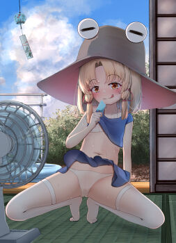 1girl :q absurdres arm_support bikini bikini_top_only blonde_hair blush breasts brown_eyes brown_hat clothes_lift cloud eating electric_fan food full_body hat highres huge_filesize indoors leaning_back legs lifting_own_clothes loli looking_at_viewer midriff miniskirt moriya_suwako navel no_shoes onkona_minazuki panties popsicle purple_shirt purple_skirt pyonta shirt shirt_lift short_hair short_sleeves skirt sky small_breasts smile spread_legs squatting stomach sweat swimsuit tatami thighhighs thighs tongue tongue_out touhou underwear white_bikini white_panties white_thighhighs wind wind_chime wind_lift