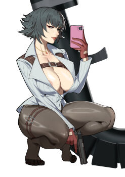 1girl absurdres areola_slip black_hair black_pantyhose breasts cellphone cleavage cloudy_rain4 devil_may_cry devil_may_cry_(series) devil_may_cry_4 gloves green_eyes gun handgun heterochromia highres holding holding_gun holding_weapon jacket jewelry kalina_ann_(weapon) lady_(devil_may_cry) large_breasts looking_at_viewer necklace no_bra pantyhose phone red_eyes red_gloves rocket_launcher simple_background smartphone squatting thigh_strap weapon white_background white_jacket