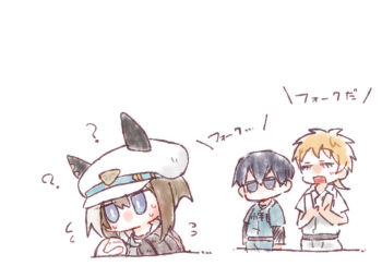 ? ball baseball_(object) baseball_glove baseball_uniform beer_hsk black_hair blonde_hair blue_eyes blue_shirt brown_hair character_request cheval_grand_(umamusume) chibi closed_eyes collared_shirt dress_shirt flying_sweatdrops grey_eyes hair_between_eyes hat holding holding_ball layered_sleeves long_sleeves multicolored_hair open_mouth peaked_cap shirt short_over_long_sleeves short_sleeves simple_background sportswear streaked_hair translation_request umamusume white_background white_hair white_hat white_shirt