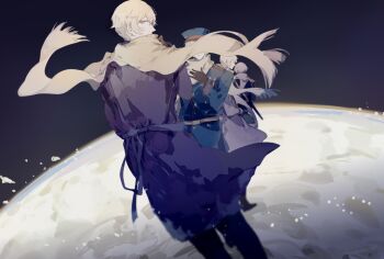 1boy axis_powers_hetalia axygen back belt black_belt black_boots black_coat black_jacket black_sky blonde_hair boots brown_gloves buttons closed_mouth coat covered_eyes covered_mouth epaulettes evolution faceless faceless_male floating_clothes from_behind gloves green_hat green_jacket grey_coat hair_between_eyes hand_on_own_chest hand_up hat holding holding_lead_pipe jacket lead_pipe long_sleeves looking_at_viewer looking_back medal military_hat military_jacket military_uniform moon multiple_views outdoors purple_eyes russia_(hetalia) scarf short_hair sky space standing star_ornament white_hair white_scarf yellow_belt