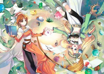 2girls :d atelier_(series) atelier_elie atelier_marie bad_id bad_pixiv_id bike_shorts black_bra black_legwear black_shorts blonde_hair blue_eyes book boots bottle bow bra bridal_gauntlets brown_eyes brown_hair cake cape closed_mouth dress elfir_traum flask flute food gem green_boots hair_ornament hat hat_bow headdress holding holding_book instrument kkaiju knee_boots long_hair looking_at_another low-tied_long_hair marlone midriff multiple_girls navel open_mouth orange_dress orange_hat pantyhose rotational_symmetry short_hair shorts smile sphere_hair_ornament staff twintails underwear upside-down white_bow white_cape