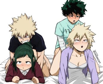 2boys 2girls :o age_difference bakugou_katsuki bakugou_mitsuki bed_sheet blonde_hair blush boku_no_hero_academia breasts cardigan cleavage collarbone doggystyle evil_grin evil_smile green_eyes green_hair grin hetero implied_sex medium_breasts midoriya_inko midoriya_izuku mature_female multiple_boys multiple_girls open_mouth red_eyes rolling_eyes sex sex_from_behind shirt shoganight smile spiked_hair t-shirt twitter_username white_background
