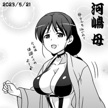 1girl bow bow_choker breasts choker cleavage clothing_cutout girls_und_panzer japanese_text kawashima_momo&#039;s_mother looking_at_viewer mature_female monochrome nanashiro_gorou one-piece_swimsuit open_mouth ponytail solo swimsuit talking