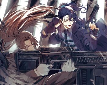 2boys :d aqua_eyes black_coat black_eyes black_gloves black_hair black_necktie brown_coat brown_hair brown_pants coat commentary_request curtained_hair fingerless_gloves floating_hair full-stop_office_(identity)_(project_moon) gloves gun half-closed_eyes handgun headphones heathcliff_(project_moon) heterochromia highres holding holding_gun holding_weapon hong_lu_(project_moon) limbus_company multiple_boys necktie official_alternate_costume open_mouth pants ponytail project_moon railgun shirt smile teihen_do_9981 weapon white_gloves white_shirt