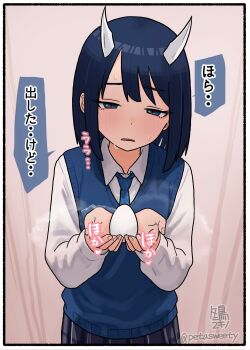 1girl aoki_ruri blue_eyes blue_hair egg highres horns implied_egg_laying medium_hair necktie pino_sweet plaid_clothes plaid_skirt pleated_skirt ruridragon school_uniform skirt steam sweat sweater_vest