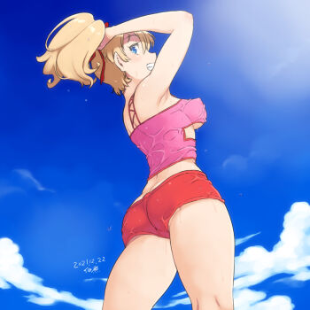 1girl adjusting_hair armpit_crease ass blonde_hair blue_eyes blue_sky blush breasts butt_crack cloud covered_erect_nipples dated day elle_vianno from_behind gundam gundam_zz hair_ribbon light_blush looking_at_viewer looking_back outdoors ponytail red_ribbon red_shorts ribbon shorts signature sky smile solo standing teeth tsukudani_(coke-buta) wet wet_clothes