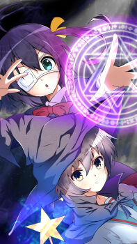 blazer chuunibyou chuunibyou_demo_koi_ga_shitai! eyepatch hat highres jacket kyoto_animation magic_circle nagato_yuki notice_miura school_uniform serafuku summoning suzumiya_haruhi_no_yuuutsu takanashi_rikka wand witch_hat