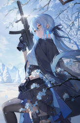 Rule 34 | 1girl, absurdres, bird, black coat, black gloves, black skirt, black thighhighs, blue hair, blue ribbon, blue sky, branch, breasts, check weapon, closed mouth, cloud, coat, coat on shoulders, cowboy shot, ear piercing, earrings, finger on trigger, flower, from side, fur-trimmed skirt, fur trim, gloves, gun, h&amp;k mp5k, hair ribbon, hand up, handgun, highres, holding, holding gun, holding weapon, holster, jewelry, knee up, long hair, looking at viewer, looking over eyewear, looking to the side, low ponytail, lyfe bestla, miniskirt, official art, piercing, pine tree, ribbon, round eyewear, shirt, shirt tucked in, skirt, skirt hold, sky, snow, snow on tree, snowbreak: containment zone, snowflake earrings, solo, submachine gun, sunglasses, thigh holster, thighhighs, tinted eyewear, tree, watch, weapon, white flower, white shirt, wristwatch, yellow eyes, zettai ryouiki