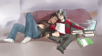 2boys batman_(series) black_hair blue_eyes coffee computer cup dc_comics folder highres kon-el laptop male_focus multiple_boys on_floor paper robin_(dc) sitting sleeping socks superboy superman_(series) teen_titans tim_drake young_justice