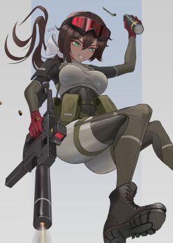 1girl absurdres ammunition_pouch bodysuit boots breasts brown_hair combat_boots commission dark_skin explosive falling gloves goggles goggles_on_head green_eyes grenade grenade_pin grin gun hair_ribbon hand_grenade highres klottinen kriss_vector maple_(nano_buns) medium_breasts original ponytail pouch red_gloves ribbon shell_casing shiny_clothes smile solo submachine_gun suppressor symbol-shaped_pupils teeth weapon white_ribbon