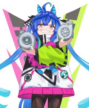 1girl @_@ absurdres ahoge animal_ears aqua_hair black_nails blue_eyes blue_hair bow brown_leggings cowboy_shot crossed_arms crossed_bangs grin hair_bow hands_up hashtag-only_commentary heterochromia highres holding hood hoodie horse_ears horse_girl horse_tail leggings long_hair long_sleeves looking_at_viewer multicolored_hair multicolored_hoodie nail_polish name_connection object_namesake purple_eyes riwaby950520 sharp_teeth sidelocks smile solo sparkle striped_bow stuffed_animal stuffed_toy tail teeth turbocharger twin_turbo_(blast_mode!_turbo_engine)_(umamusume) twin_turbo_(umamusume) twintails two-tone_hair umamusume v-shaped_eyebrows very_long_hair white_background