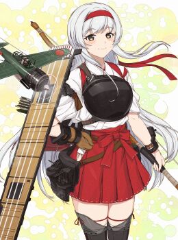 Rule 34 | 1girl, absurdres, anti-aircraft, anti-aircraft gun, archery, b6n tenzan, blush, bow (weapon), breasts, brown eyes, clover background, gloves, hair ribbon, hairband, hakama, hakama short skirt, hakama skirt, headband, highres, japanese clothes, kanmiya shinobu, kantai collection, kyuudou, long hair, muneate, partially fingerless gloves, partly fingerless gloves, quiver, red hakama, red headband, ribbon, shoukaku (kancolle), shoukaku kai ni (kancolle), skirt, smile, solo, tasuki, thighhighs, twintails, weapon, white hair, yellow background, yugake