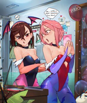 2girls animal_print ayase_momo balloon bare_shoulders bat_print bat_wings bathroom black_choker black_leotard blue_pantyhose blush breasts bridal_gauntlets brown_hair cellphone cesar_art456 choker clothing_cutout commentary_request compact_(cosmetics) cosmetics cosplay cowboy_shot crossed_bangs cutout_above_navel dandadan darkstalkers diamond_cutout earrings english_text fake_head_wings fake_wings hair_between_eyes head_wings heart highleg highleg_leotard highres indoors jewelry large_breasts leotard lilith_(darkstalkers) lilith_(darkstalkers)_(cosplay) looking_back medium_breasts morrigan_aensland morrigan_aensland_(cosplay) multiple_girls off-shoulder_leotard open_mouth own_hands_together pantyhose phone pink_eyes pink_hair pink_pantyhose poster_(object) print_pantyhose red_eyes red_leotard shiratori_aira_(dandadan) short_hair smartphone soap_bottle spanish_commentary speech_bubble standing tile_wall tiles turbo_granny_(dandadan) wings