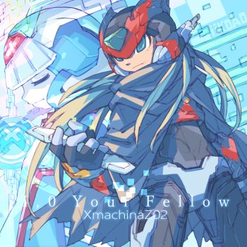 2boys absurdres armor black_eyes blonde_hair brown_cloak cloak cowboy_shot cyber_elf_x_(mega_man) forehead_jewel helmet highres iikoao long_hair male_focus mega_man_(series) mega_man_zero_(series) multiple_boys red_armor red_helmet solo_focus x_(mega_man) zero(z)_(mega_man) zero_(mega_man)