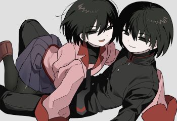 1boy 1girl black_eyes black_hair black_jacket black_necktie black_pants black_pantyhose dual_persona empty_eyes gakuran highres jacket lapels loafers looking_at_viewer miniskirt monogatari_(series) naoetsu_high_school_uniform necktie oshino_ougi pants pantyhose pleated_skirt school_uniform shiryoku_kensa shoes simple_background skirt sleeves_past_fingers sleeves_past_wrists smile turtleneck undershirt white_background