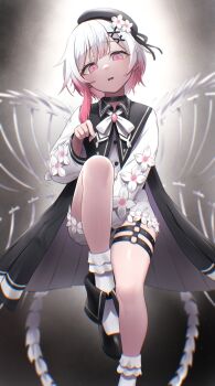 1girl absurdres beret black_choker black_dress black_hat black_shoes choker chromatic_aberration disdain dress empty_eyes flower gesugao glaring gradient_hair grey_background hair_flower hair_ornament hat highres kurofuti long_sleeves looking_at_viewer mahou_shoujo_no_majo_saiban multicolored_hair neck_ribbon o-ring o-ring_thigh_strap open_mouth pink_eyes pink_hair pointing pointing_down ribbon sakuraba_ema shoes short_hair skeletal_wings socks spoilers thigh_strap white_flower white_hair white_ribbon white_socks wings x_hair_ornament