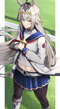 Rule 34 | 1girl, absurdres, ahoge, animal ears, black pantyhose, blue eyes, blue sailor collar, blue skirt, blush, boots, breasts, brooch, closed mouth, commentary request, ear ornament, grass, grey hair, grey tail, hair between eyes, hair ornament, hairband, highres, horse ears, horse girl, horse tail, jacket, jewelry, long hair, long sleeves, midriff, multicolored hair, navel, neckerchief, oguri cap (starlight beat) (umamusume), oguri cap (umamusume), outdoors, panty straps, pantyhose, pleated skirt, red neckerchief, sailor collar, shirt, skirt, solo, souma (so u maaaaa), star brooch, tail, umamusume, white boots, white jacket, white shirt