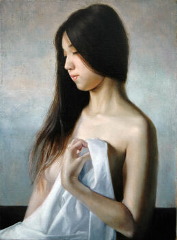 1girl asian bed_sheet black_hair closed_eyes closed_mouth commentary_request covering_breasts covering_privates hand_up highres kaworu_(pixiv2055) long_hair nude oil_painting_(medium) original painting_(medium) realistic solo traditional_media upper_body