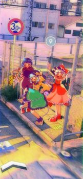 3girls ascot asymmetrical_wings black_dress black_hair black_hat blonde_hair blouse blush bow bowtie building buttons city cityscape crosswalk crystal diamond_button dress eyeball flandre_scarlet frilled_shirt_collar frilled_sleeves frills green_hair green_skirt hat hat_bow hat_ribbon heart heart_of_string highres houjuu_nue komeiji_koishi mint_onyo mob_cap multicolored_wings multiple_girls one_side_up open_mouth outdoors real_world_location red_bow red_bowtie red_eyes red_skirt red_vest ribbon road scenery shirt side_ponytail sidewalk skirt skirt_set standing street third_eye touhou town traffic utility_pole vest wings yellow_bow yellow_ribbon yellow_shirt