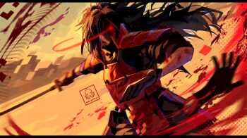 1boy armor artist_logo artist_name black_gloves black_hair blood blood_splatter commentary disembodied_hand dou gloves hair_over_one_eye hashtag-only_commentary highres holding japanese_armor katana kote kusazuri logo long_hair looking_at_viewer maskoo185826 naruto_(series) naruto_shippuuden ninja red_armor red_eyes samurai shaded_face sharingan shoulder_armor sode solo spiked_hair sword uchiha_madara weapon