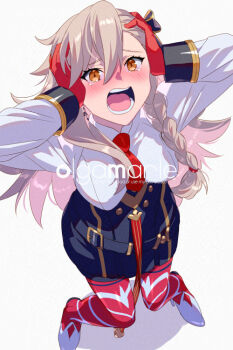 1girl asymmetrical_bangs black_skirt blush breasts collared_shirt commentary_request crying earrings echo_(circa) fate/grand_order fate_(series) gloves grey_hair hair_ribbon high-waist_skirt high_heels jewelry large_breasts long_hair long_sleeves looking_at_viewer necktie olga_marie_animusphere olga_marie_animusphere_(unbeast) open_mouth orange_eyes pantyhose pencil_skirt red_gloves red_pantyhose ribbon shirt skirt white_shirt