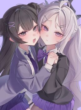 Rule 34 | 0219 142, ahoge, alternate costume, birthday, black hair, blue archive, breasts, commentary, demon girl, demon horns, demon wings, double bun, hair bun, highres, hina (blue archive), holding hands, horns, kisaki (blue archive), long hair, low wings, necktie, open mouth, purple background, purple eyes, purple necktie, purple skirt, scarf, simple background, skirt, small breasts, untranslatable commentary, very long hair, white hair, wings