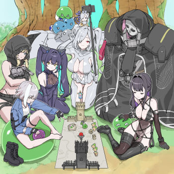 6+girls accessories aqua_hair arm_warmers armpit_cutout backless_bodysuit bare_shoulders between_breasts black_bodysuit black_hair black_hood blonde_hair blue_jumpsuit bodysuit boots breasts broken_mask bubble cellphone choker cinderella_(nikke) cleavage closed_mouth clothing_cutout colored_inner_hair criss-cross_straps dominatrix dress folded_hair fujitwo glass_slipper gloves goddess_of_victory:_nikke grave_(nikke) grey_hair hair_intakes hair_over_one_eye halterneck harness highres holding holding_bubble holding_stick hood hood_up jumpsuit large_breasts leather_bikini leg_cutout little_mermaid_(nikke) long_hair looking_at_phone mask mechanical_arms metal_gloves mihara_(bonding_chain)_(nikke) mihara_(nikke) mori_(nikke) multicolored_hair multiple_girls navel navel_cutout o-ring o-ring_harness official_alternate_design old_tales_(nikke) one_eye_covered open_jumpsuit pelvic_curtain phone pink_hair red_eyes see-through_bodysuit see-through_cleavage see-through_clothes see-through_dress see-through_pelvic_curtain see-through_skirt selfie selfie_stick short_hair short_jumpsuit sidelocks single_arm_warmer single_mechanical_arm single_thigh_boot skirt smartphone smile stick stomach_cutout strap_between_breasts taking_picture thigh_boots twintails v very_long_hair white_bodysuit white_hair white_mask yellow_eyes yuni_(chimera)_(nikke) yuni_(nikke)