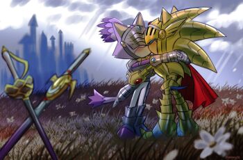 1boy 1girl animal_ears armor blaze_the_cat blush caliburn_(sonic) cape castle cat_ears cat_girl cat_tail excalibur_sonic flower furry furry_female furry_male gold_armor grass kiss on_grass percival_(sonic) planted planted_sword planted_weapon red_cape sonic_(series) sonic_and_the_black_knight sonic_the_hedgehog sword tail weapon white_flower yeonwu08