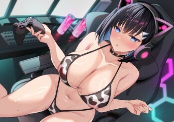 1girl :o absurdres animal_ear_headphones animal_ears animal_print bikini black_choker black_hair blue_eyes blunt_ends blush breasts can chair choker cleavage collarbone controller covered_erect_nipples cow_print cow_print_bikini desk energy_drink fake_animal_ears game_controller gaming_chair hair_ornament hairclip headphones highres holding holding_controller holding_game_controller indoors computer_keyboard large_breasts looking_at_viewer monitor navel non-web_source open_mouth original print_bikini sanshoku_amido short_hair sitting solo swimsuit swivel_chair thighs wet white_bikini