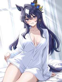 1girl animal_ears blue_eyes blue_hair breasts clenched_teeth collarbone commentary_request curtains ear_ornament hair_between_eyes highres horse_ears horse_girl horse_tail long_hair long_sleeves looking_at_viewer medium_breasts multicolored_hair no_bra shirt sidelocks signature sitting solo tail teeth thighs tsukiyuki_mike twitter_username two-tone_hair umamusume verxina_(umamusume) white_hair white_shirt window