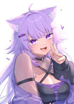 1girl ahoge animal_ear_fluff animal_ears black_choker black_shirt breasts cat_ears cat_girl cat_o-ring choker cleavage hair_ornament hairpin highres hololive kitasaya_ai large_breasts looking_at_viewer nekomata_okayu nekomata_okayu_(personya_respect) o-ring o-ring_choker official_alternate_costume official_alternate_hairstyle open_mouth purple_eyes purple_hair shirt smile solo virtual_youtuber