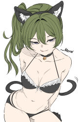 Rule 34 | 1girl, absurdres, animal ears, bare shoulders, bell, bikini, black choker, breasts, cat, cat ears, cat girl, cat tail, choker, cleavage, collarbone, fangs, green hair, highres, jingle bell, looking at viewer, mangpum (taro109210), medium breasts, medium hair, meowing, navel, o-ring, o-ring choker, purple eyes, side ponytail, simple background, small breasts, solo, sousou no frieren, stomach, swimsuit, tail, ubel (sousou no frieren), upper body, white background