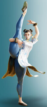 3d absurdres blender_(medium) blue_dress blue_pants brown_eyes brown_hair capcom character_name chest_cutout china_dress chinese_clothes chun-li double_bun dress earrings fighting_stance flats full_body gradient_background hair_bun hair_pulled_back highres jewelry lips nose palm- pants pearl_earrings pursed_lips sense1k simple_background smile solo split standing standing_on_one_leg standing_split street_fighter street_fighter_6 thick_thighs thighs tight_clothes tight_pants