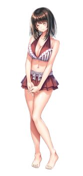 1girl amakano_2 bare_arms bare_legs bare_shoulders barefoot bikini bikini_skirt blush breasts brown_bikini brown_hair cleavage closed_eyes closed_mouth collarbone facing_viewer full_body kurohime_yuuhi large_breasts large_variant_set legs medium_hair navel official_art own_hands_together piromizu simple_background smile solo standing swimsuit tachi-e thighs variant_set white_background