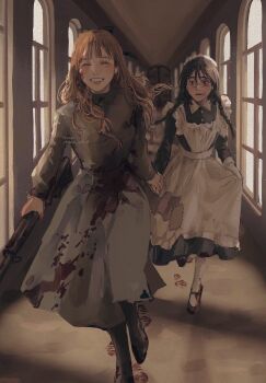 2girls apron black_hair black_se_sa_mi blood blood_on_clothes bloody_footprints blurry blurry_background braid brown_hair bruise bruised_eye closed_eyes collared_dress commentary_request depth_of_field dress footprints glasses grey_dress grin gun hallway highres holding holding_gun holding_hands holding_weapon implied_murder indoors injury jewelry light_particles long_hair long_sleeves maid_apron maid_headdress mary_janes multiple_girls necklace open_mouth original pantyhose patchwork_clothes round_eyewear running shoes shotgun smile twin_braids twitter_username weapon white_apron white_pantyhose window
