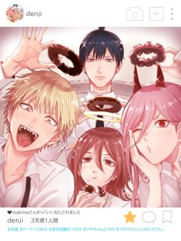 1girl 3boys angel_devil_(chainsaw_man) angel_wings black_hair blonde_hair brown_eyes brown_hair chainsaw_man collared_shirt denji_(chainsaw_man) donut duck_face earrings eating eyelashes fang fangs food food_on_face frown hair_between_eyes hair_tied hair_tied_up halo hayakawa_aki highres horns instagram jewelry long_hair medium_hair multiple_boys necktie one_eye_closed open_mouth piercing pink_hair power_(chainsaw_man) red_eyes sharp_teeth shirt short_hair grey_eyes smile teeth tongue white_shirt wings yellow_eyes yukadeneruhuman