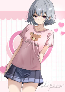 1girl animal_print arms_at_sides artist_name bear_print cevio closed_mouth commentary_request cowboy_shot crew_neck dutch_angle grey_hair grey_skirt hair_ornament hairclip highres k-yous koharu_rikka light_smile looking_at_viewer miniskirt pink_background pink_eyes pink_shirt pleated_skirt print_shirt shirt short_hair short_sleeves signature skirt solo standing straight_hair synthesizer_v t-shirt wispy_bangs