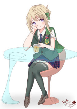 1girl artist_logo australia badge blonde_hair blue_necktie blush braid braided_bangs braided_bun breasts cape character_name cloak dated green_cape green_cloak green_sarong green_thighhighs green_vest hair_between_eyes hair_bun juice kantai_collection logo long_hair looking_at_viewer michaelsch55 necktie one-hour_drawing_challenge perth_(kancolle) plaid_clothes plaid_skirt pleated_skirt purple_eyes sarong school_uniform shirt short_sleeves simple_background single_hair_bun skirt solo table thighhighs twitter_username vest white_background white_shirt