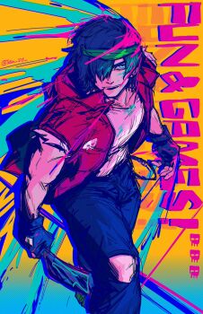 Rule 34 | 1boy, aqua eyes, biker (hotline miami), black gloves, black pants, blue hair, cleaver, closed mouth, clothing cutout, collarbone, commentary, english commentary, english text, feet out of frame, fingerless gloves, glove cutout, gloves, green headband, hair over one eye, headband, highres, holding, holding cleaver, holding weapon, hotline miami, jacket, looking to the side, male focus, one eye covered, open clothes, open jacket, pants, parted bangs, red jacket, shirt, sideways glance, sleeveless, sleeveless jacket, solo, tatsu (tatsumccree), torn clothes, torn sleeves, twitter username, weapon, white shirt