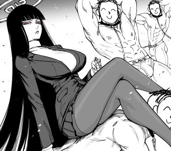 Rule 34 | 1girl, absurdres, alternate costume, bb (baalbuddy), blue archive, boxers, breasts, bright pupils, cleavage, commentary, doodle sensei (blue archive), english commentary, english text, girl on top, greyscale, hair behind ear, hair ornament, hairclip, halo, highres, human furniture, large pectorals, long hair, male underwear, millennium science school logo, monochrome, muscular, muscular male, pantyhose, pectorals, red eyes, ringed eyes, rio (blue archive), sensei (blue archive), sitting, sitting on person, skirt, spot color, sweater, turtleneck, turtleneck sweater, underwear, white background