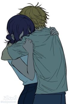 1boy 1girl back blonde_hair chainsaw_man covered_eyes denji_(chainsaw_man) hair_bun hug lubya pants purple_hair reze_(chainsaw_man) shirt short_hair short_sleeves signature simple_background single_hair_bun upper_body white_background white_shirt